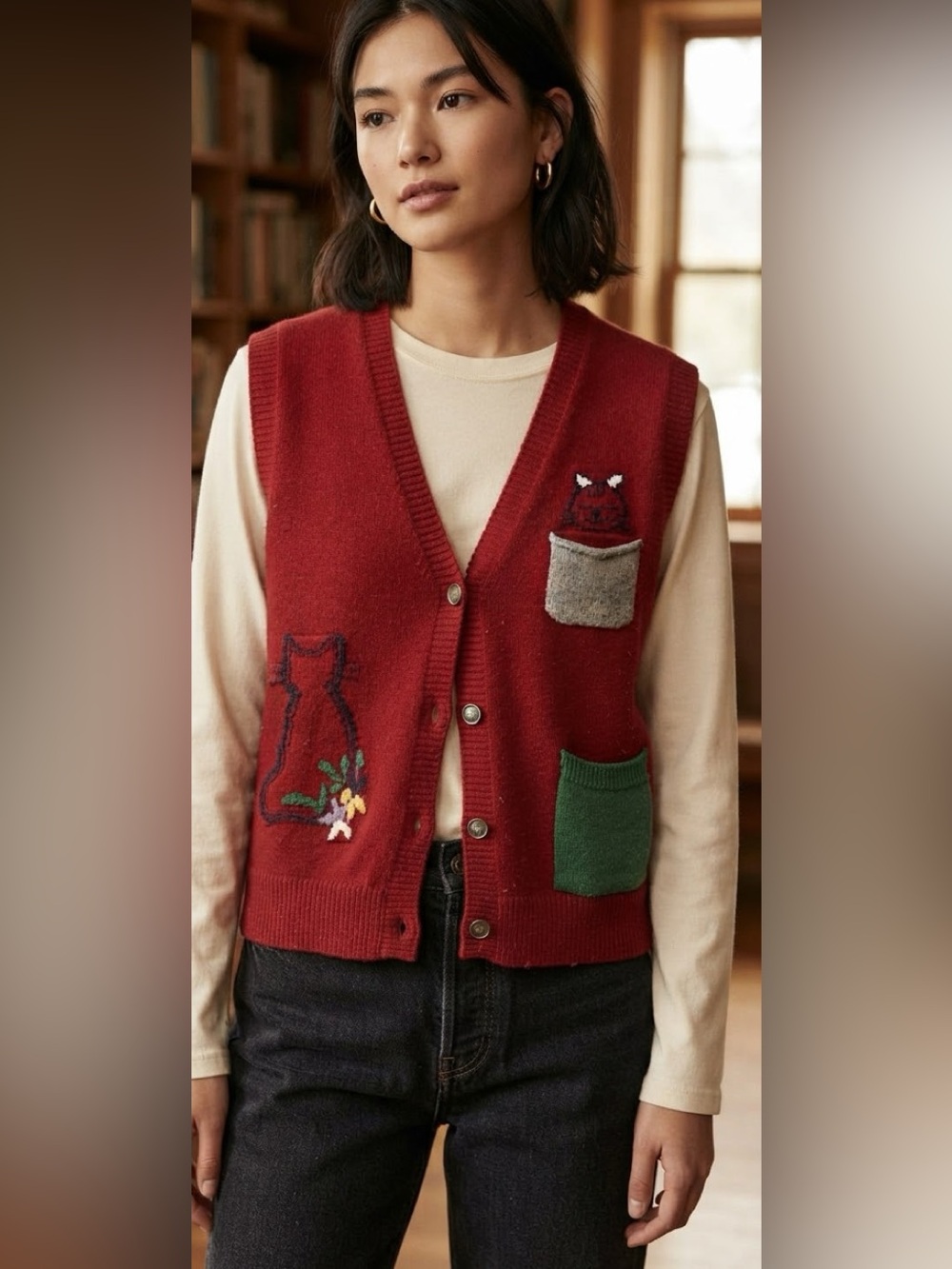 Vintage Style Red Knit Cat Sweater Vest